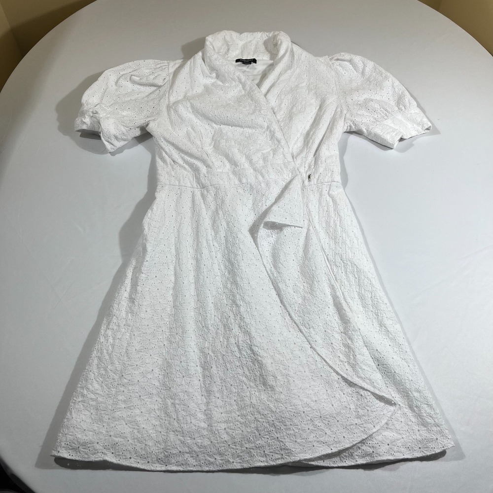 Marciano Guess White Eyelet Lace Wrap Dress Puff Sleeve Cottagecore Size 12